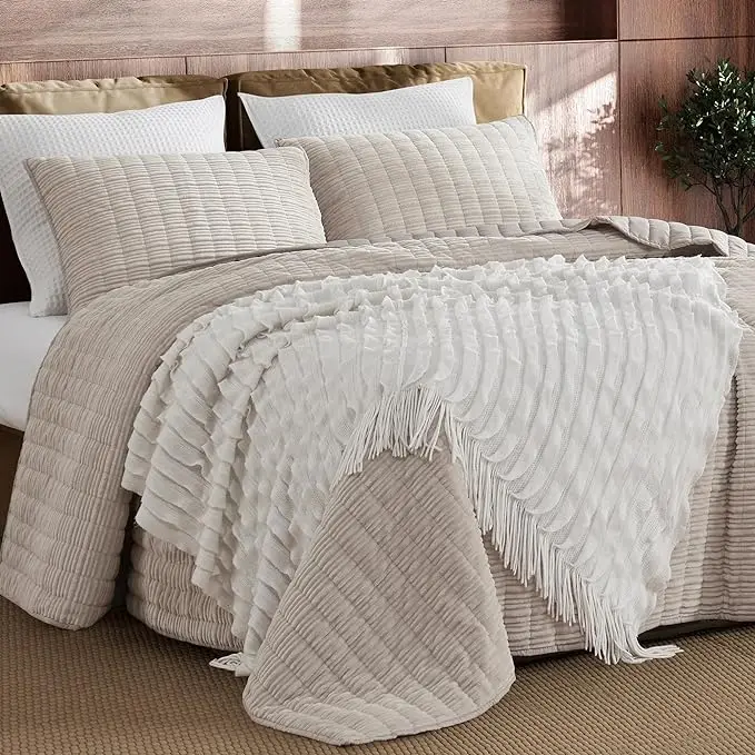 Комплект стеганых одеял в полоску, Королевский размер, бежевое двустороннее покрывало из мягкой микрофибры, легкое всесезонное покрывало