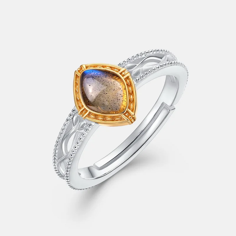 925 Sterling Silver 14K Gold Plated Gemstone Vintage Double Layer Hollow Shell White Crystal Ring
