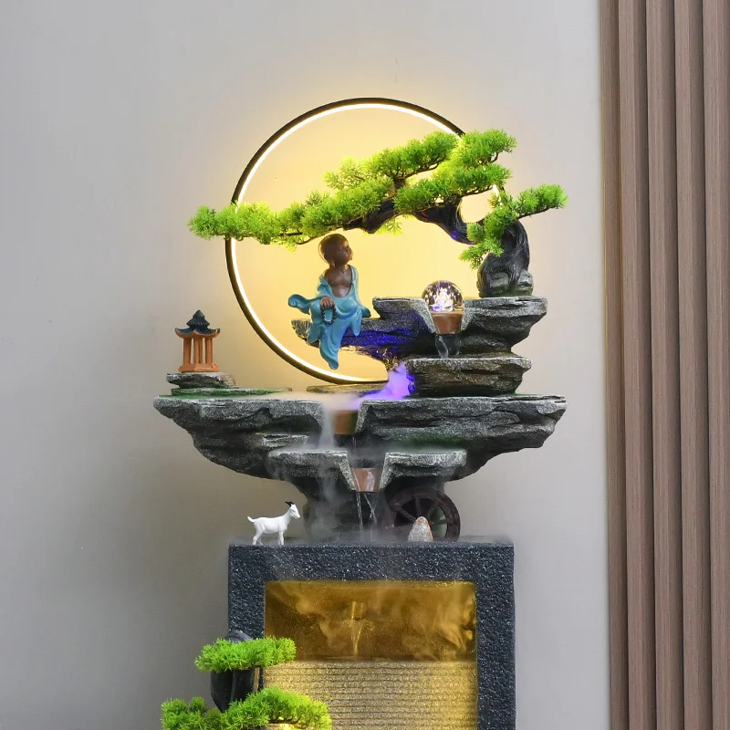 Zen style entrance, simple decorations, living room, Feng Shui wheel, home decoration, flowing landscape, attracting wealth