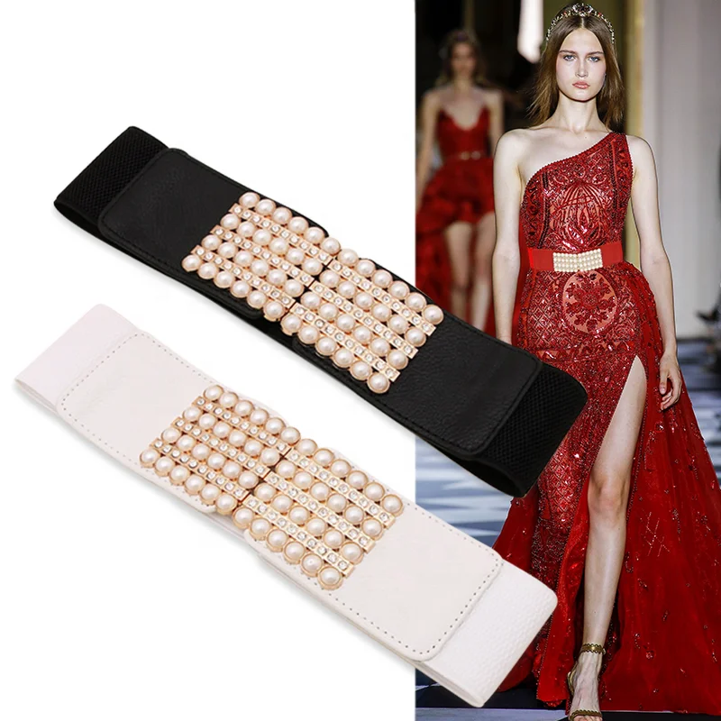Fashion Ladies Embellished Rhinestone PU Leather Weave Fabric Wide Elastic Belt with Pearl