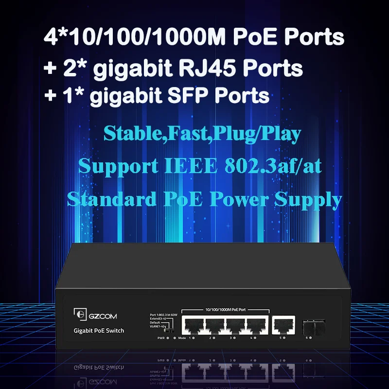 6 Ports 65W Gigabit PoE Switch 4*10/100/1000M PoE Ports + 1*10/100/1000Mbps Ethernet Uplink Port + 1*SFP for IP Camera CCTV