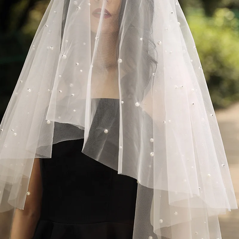 Ins Hot Handmade Factory Ivory Soft Tulle Pearl Bridal Veil Customized Vintage Evenly Spaced Small Pearl Wedding Bridal Veil