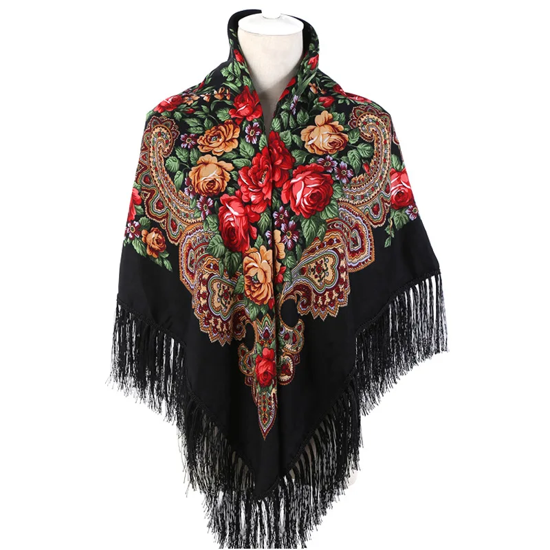 Wholesale 135*135cm Ethnic Vintage Muslim Hijab Russian Floral Fringed Square Scarves Shawls With Tassel