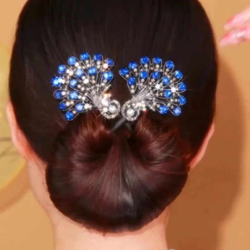 Rhinestone Crystal Blue Feather Deft Bun Hair Bun Maker Hair Twist French Donut Bun Maker Styling Twister for Women Hair Braider