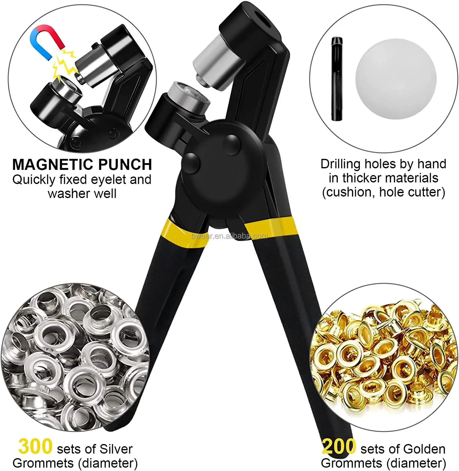 Grommet Tool Kit Handheld Hole Punch Pliers Portable Eyelet Rivet Hand Machine Manual Puncher with 500pcs 10mm Grommets