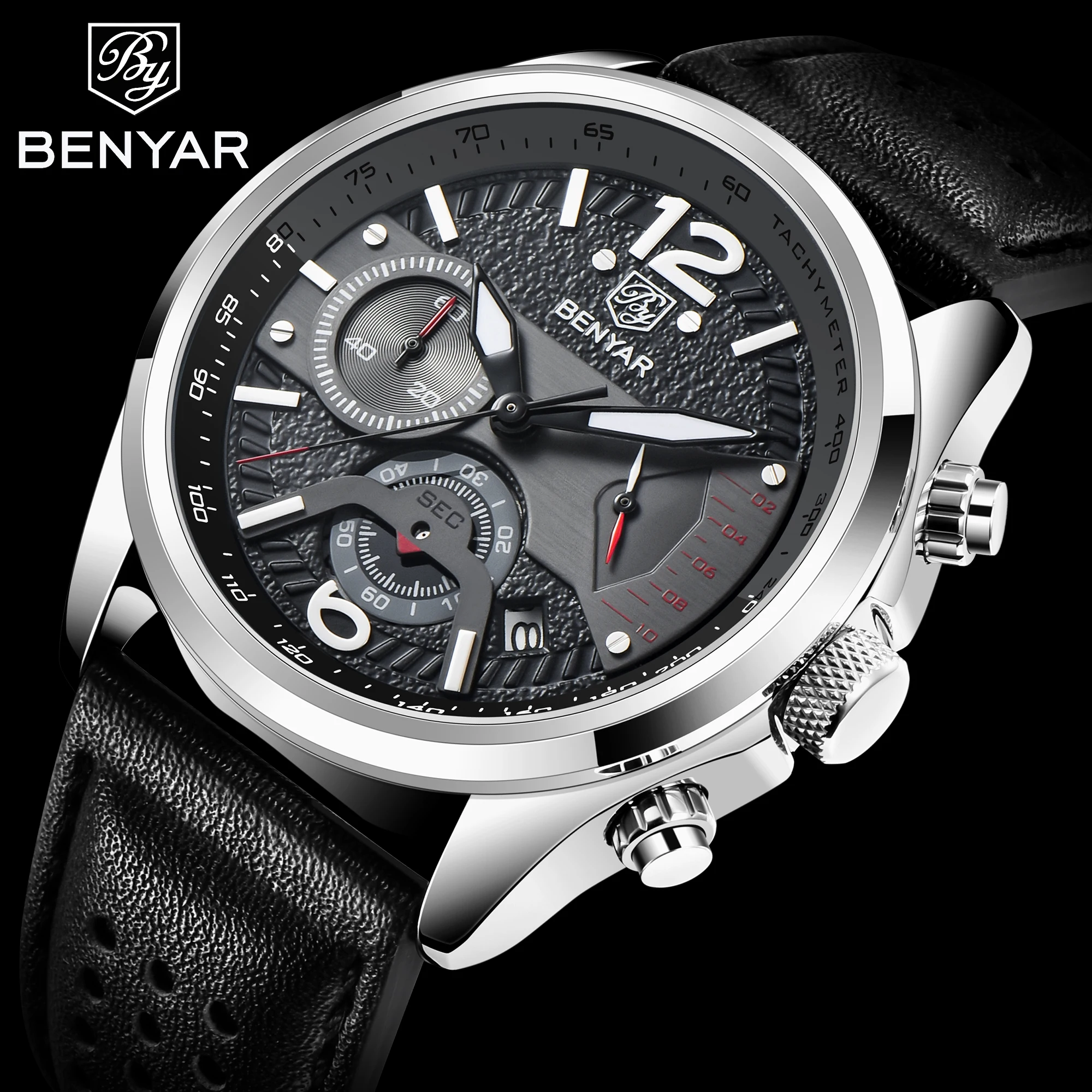 BENYAR Brand big genuine leather strap quarts Watch for man and boys