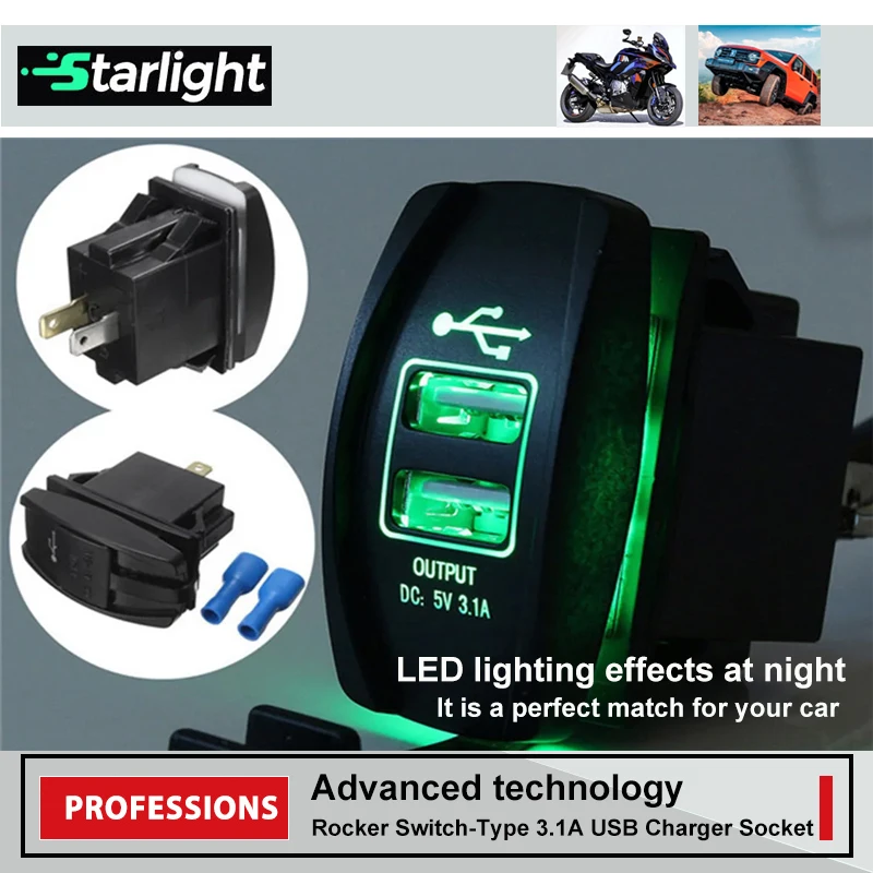 Dual USB Ports Car Charger Rocker Style Switch Waterproof 12-24V 3.1A Power Charge Socket with LED Light for Marine Boat Truck