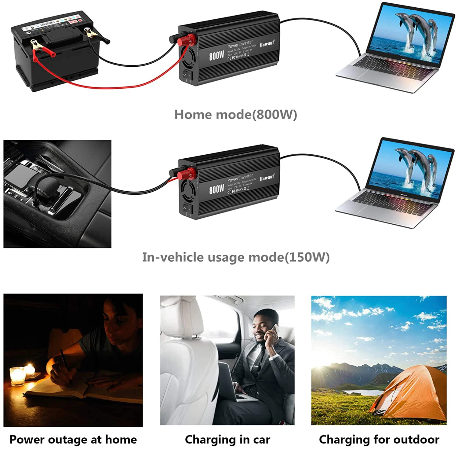 Power Inverter 800W 12V DC To 110V 220V AC Modified Sine Wave With Dual 2.1A USB And AC Outlets
