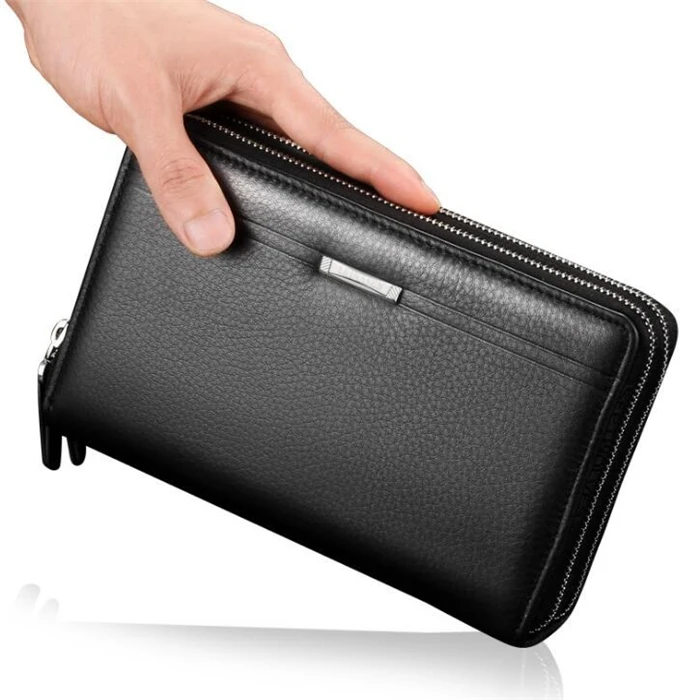 Fashion good quality brand double zipper large PU leather long wallet clutch bag men