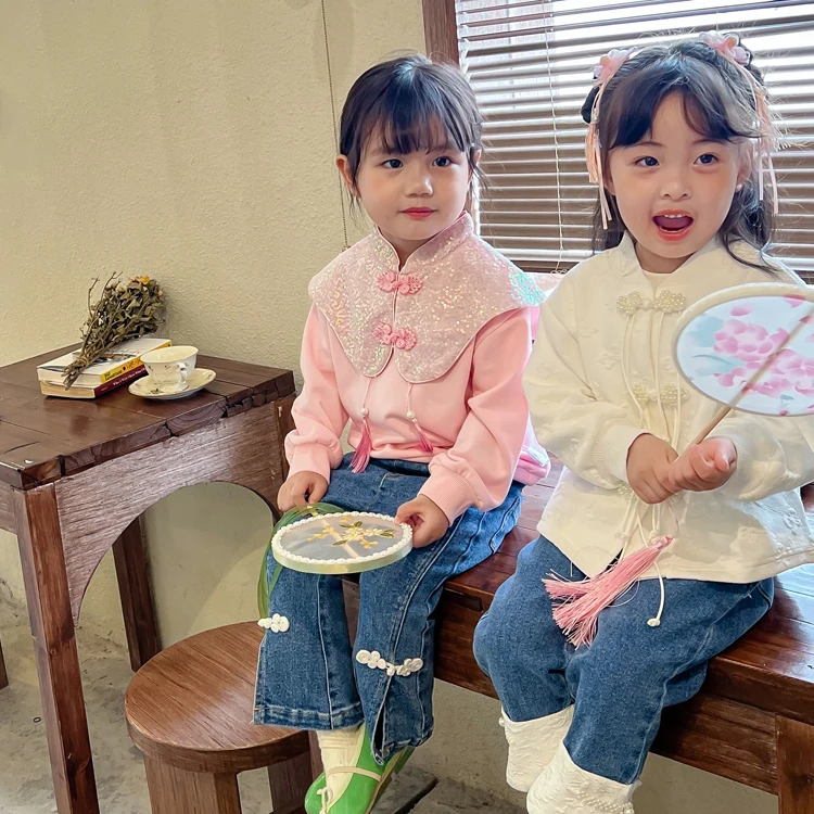 Chinese Style Girls Clothing Sets Excellent Embroidery Kids T Shirts Clothes for Children Jeans for Girl