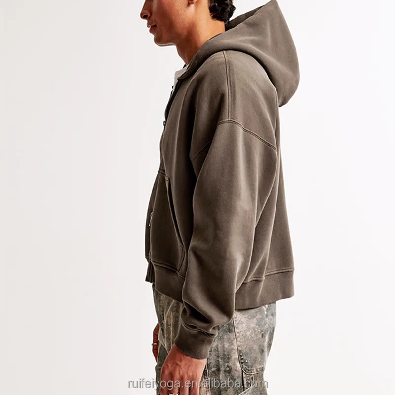 New Custom High Quality Streetwear Blank Heavyweight Oversized 400 gsm French Terry Cotton Fleece Men Cropped Boxy Zip Up Hoodie