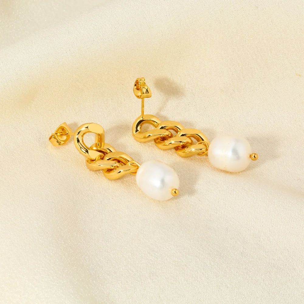 Dina Vintage Waterproof Women 18K Gold Plated Chain Earrings Stainless Steel Dainty Freshwater Pearl Drop Statement Earrings