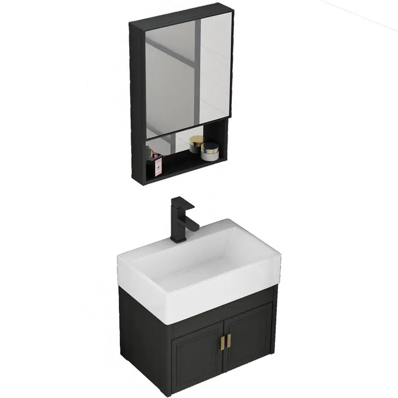 Modern Wall Cabinet Bathroom Sink Customized Style Mirrored Cabinets with Sink Bathroom Vanity Set Cabinet Soft Black Waterproof