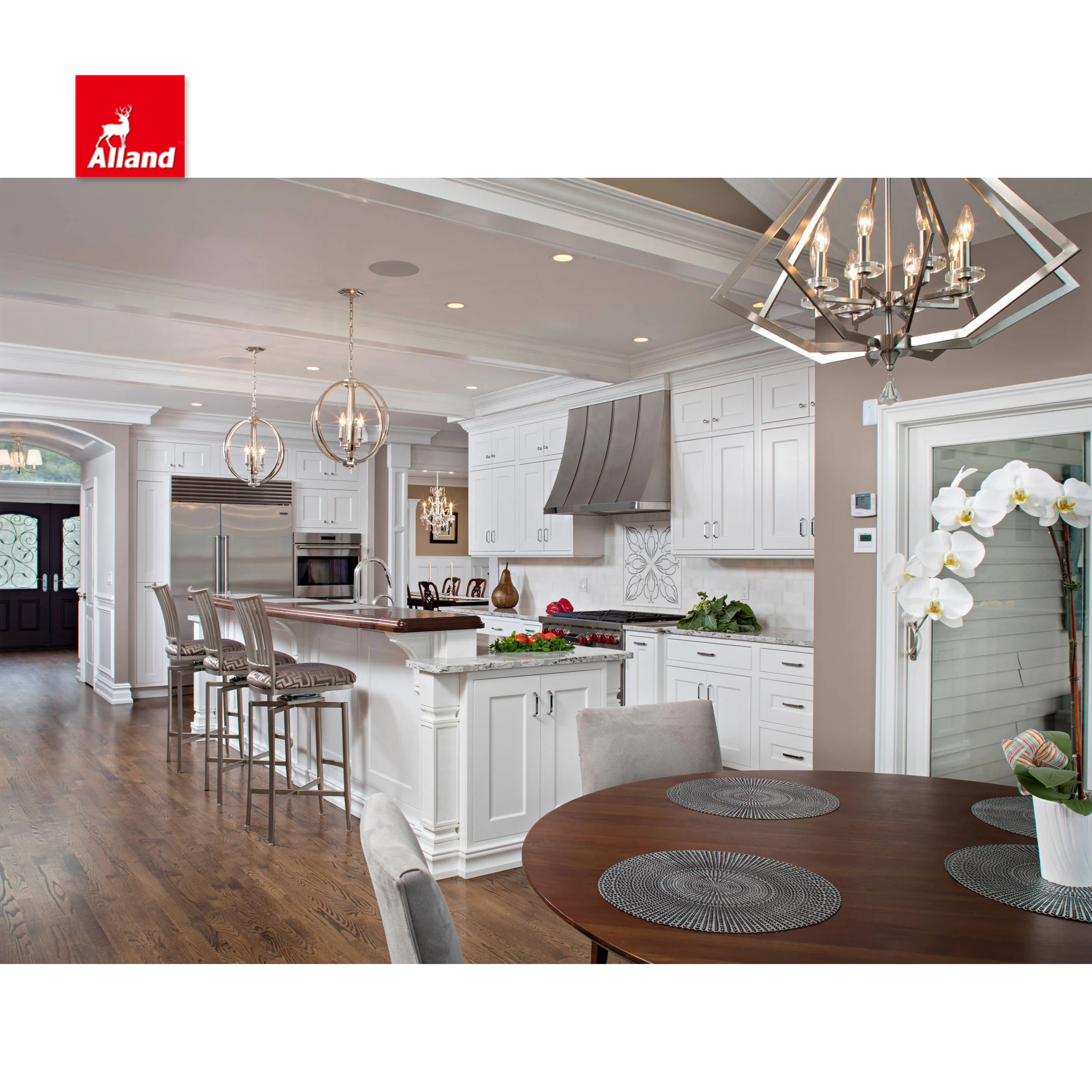 Оптовая продажа роскошный элегантный кухонный шкаф с римской колонной из нержавеющей стали вытяжка и двухъярусная столешница для семьи