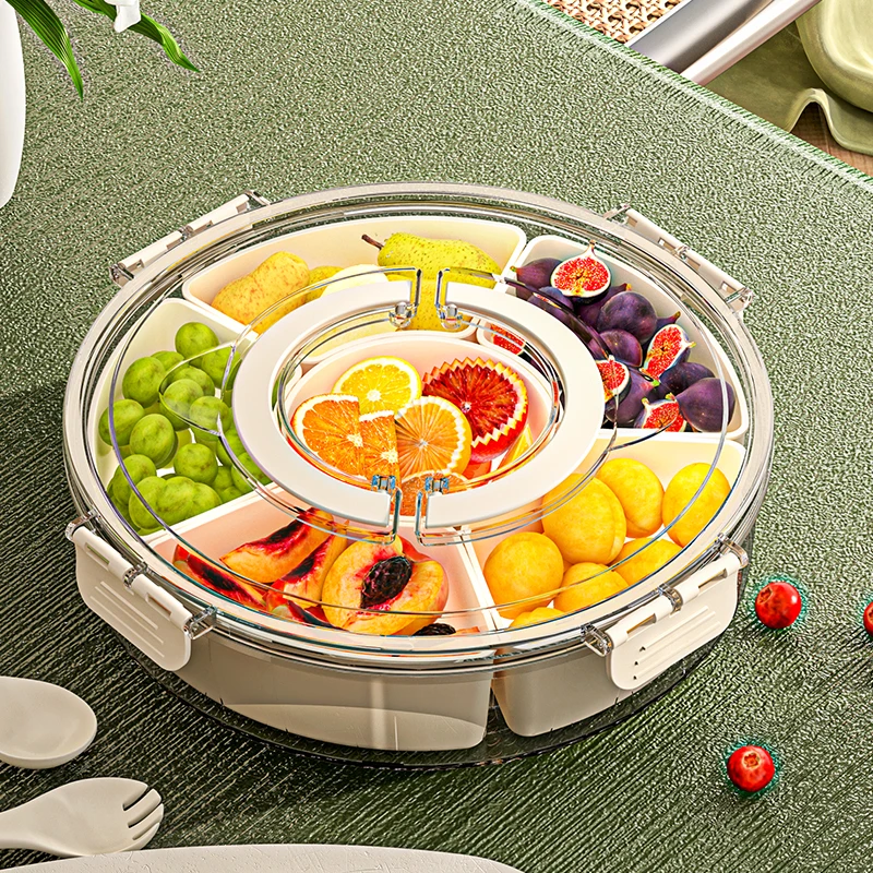 6 Compartment Rotating Fruit Tray Transparent Divided Snack Spices Serving Tray Rotatable Snackle Box Container With Lid