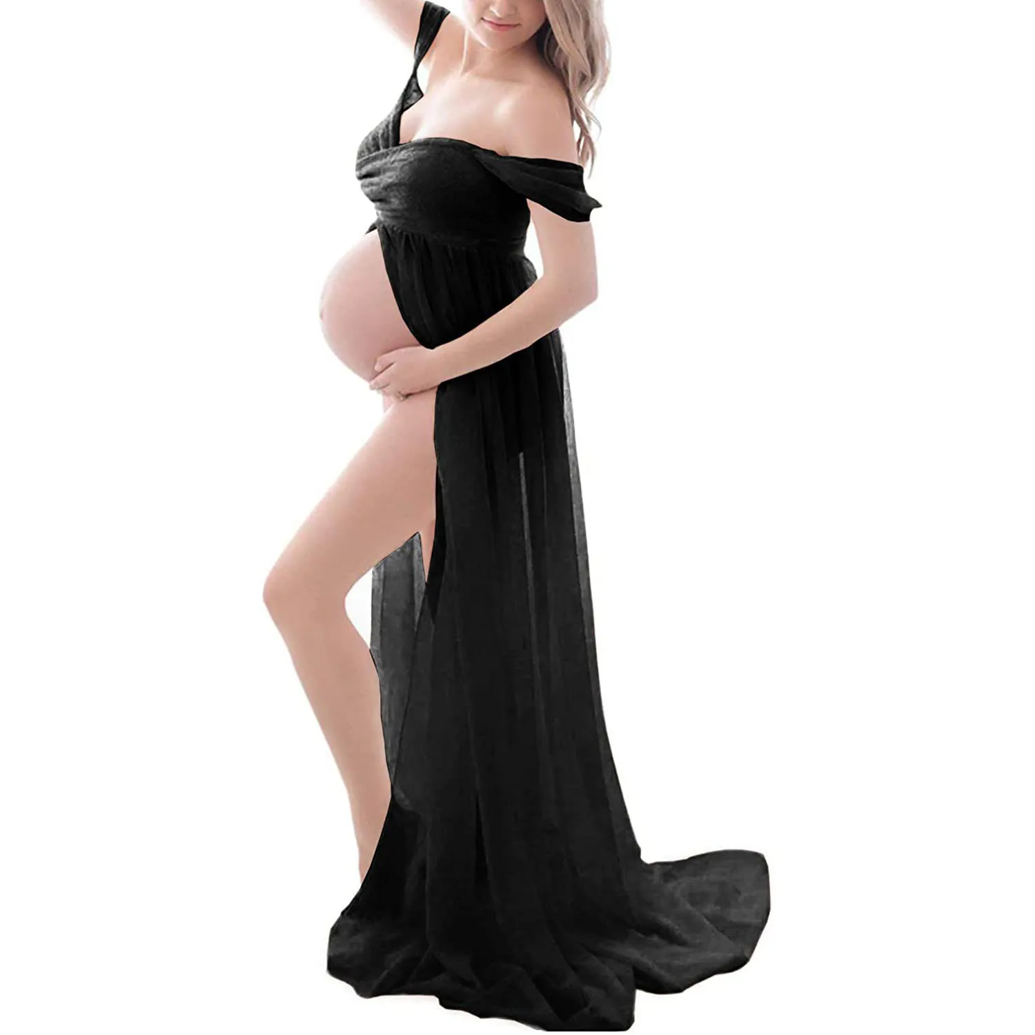 Fuyu Maternity Gown Short Sleeve Women Clothes Photography Pregnancy Dress for Photo Shoot Autumn