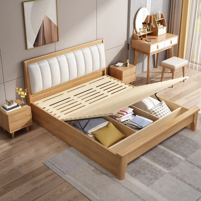 Nordic California Wooden Beds Fabric Solid Wood Frame Queen Size Up-holstered Beds
