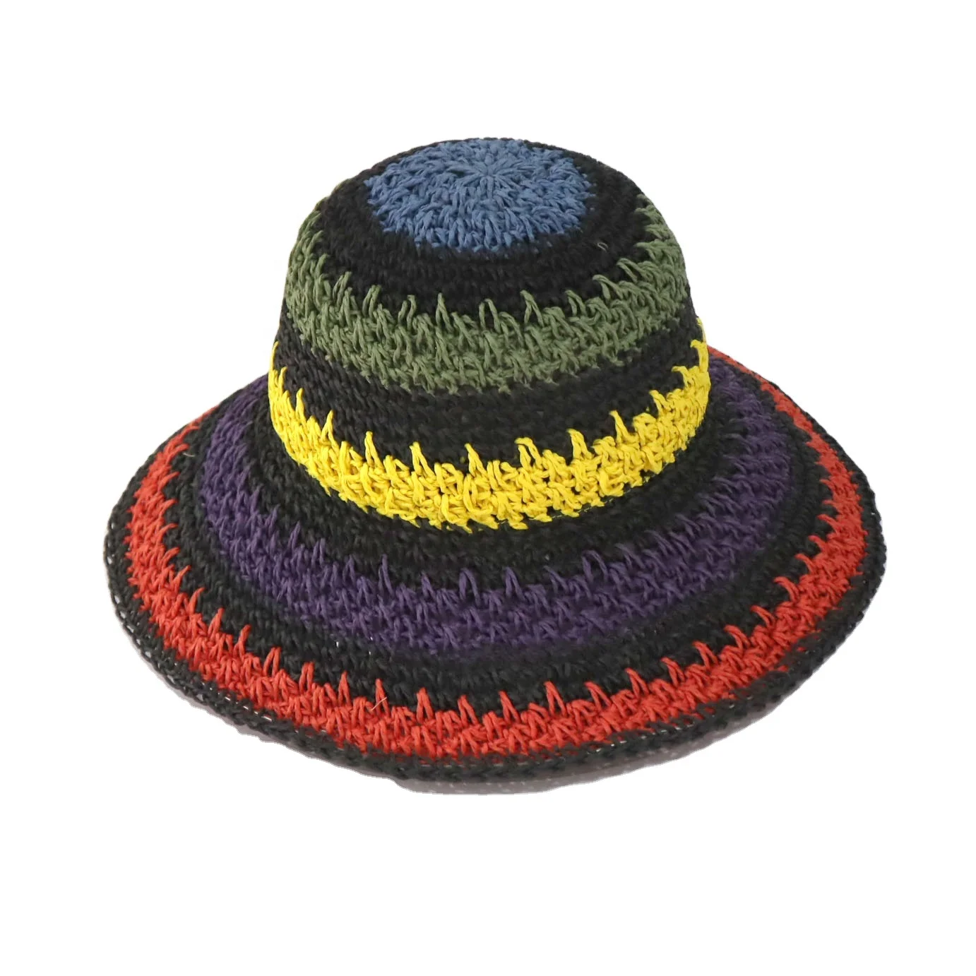 Rainbow Striped Handmade Crochet Paper Straw Hats Beach Travel Colorful Straw Woven Bucket Hat