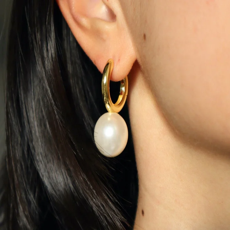 Exaggerated Large Pearl Drop Earrings Statement  Chunky Pearl Modern Hoops Earrings