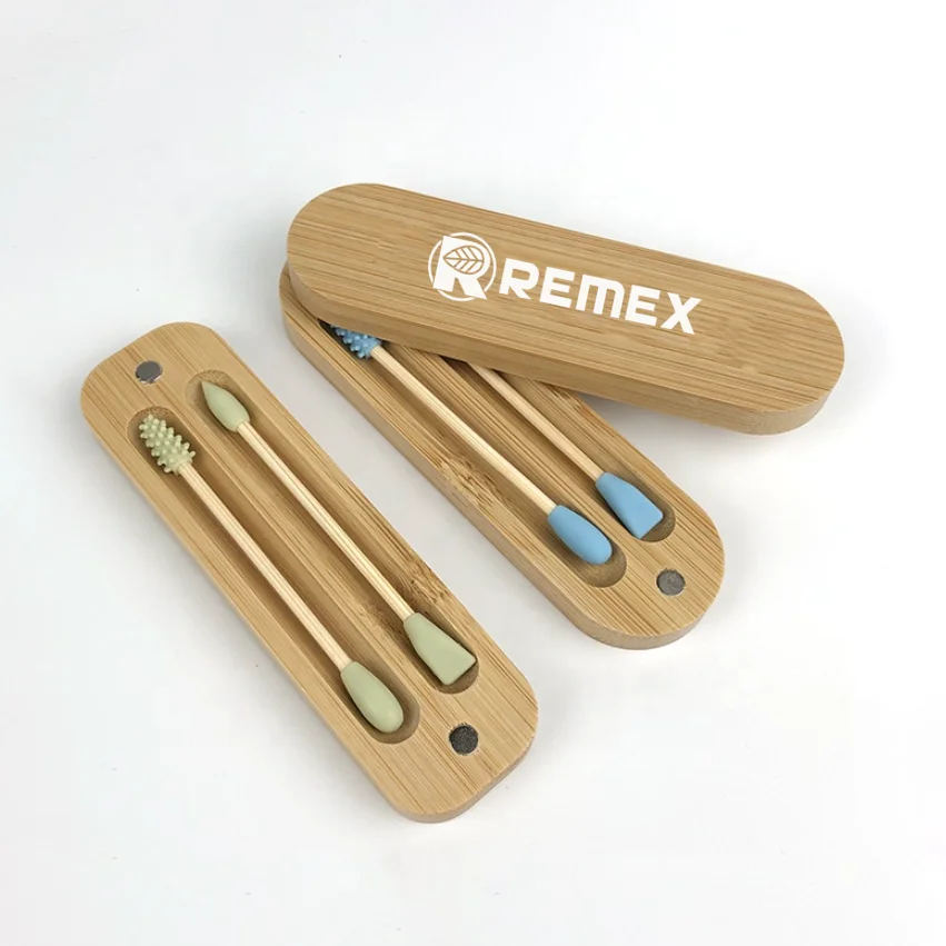 Eco Q-tips Recycle Silicone Cotton Buds Reusable Silicone Swabs in Bamboo Case