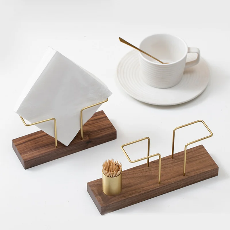 Decorative Nordic Modern Walnut Wood Gold Metal Napkin Paper Table Decoration Holders for Home Kitchen Restaurant Table