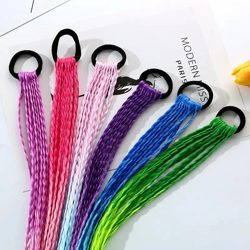 Little Girls Child Twist Braids Elastic Hair Rope Rubber Band Gradient Colorful Braided Ponytail Hair Extensions for Kids