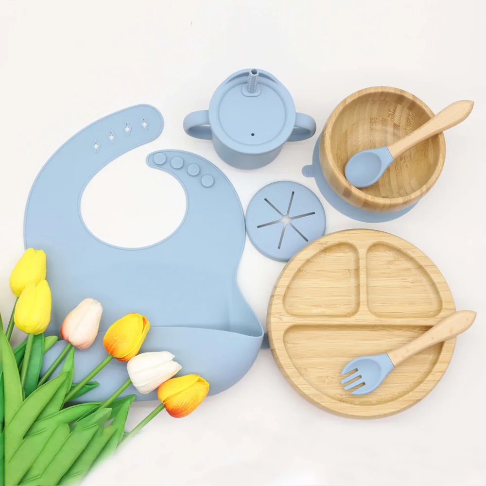 Hot Sell Bamboo Silicone Baby Feeding Set Plate Bowl Spoon Fork Sippy Cup Tableware Baby Dining Set