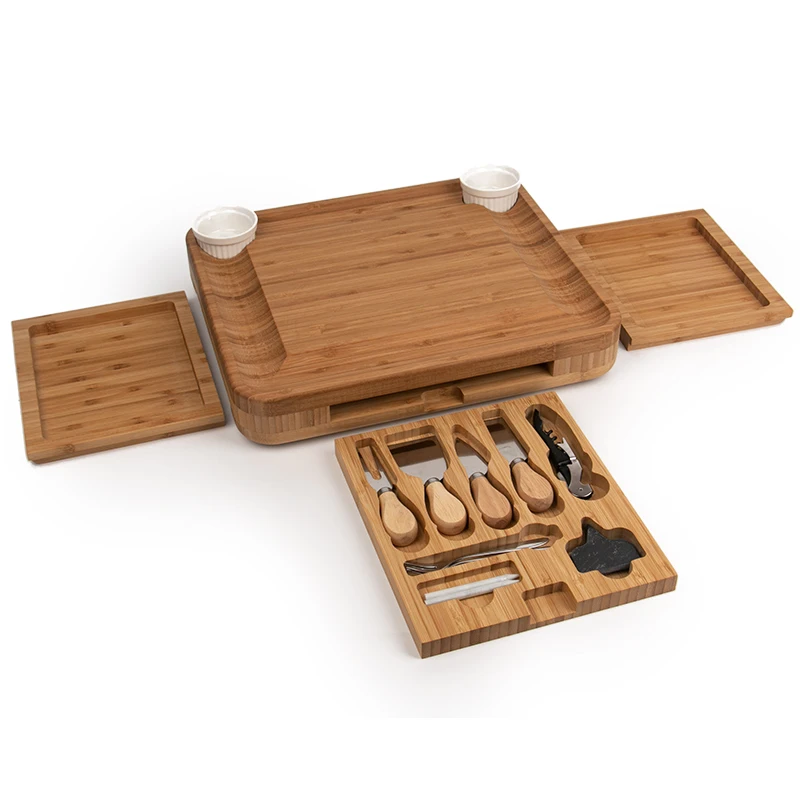 Wholesale OEM Multi-function Bamboo Cheese Cutting Board with Knife Set Tableware Box Ceramic Bow 3 Drawers