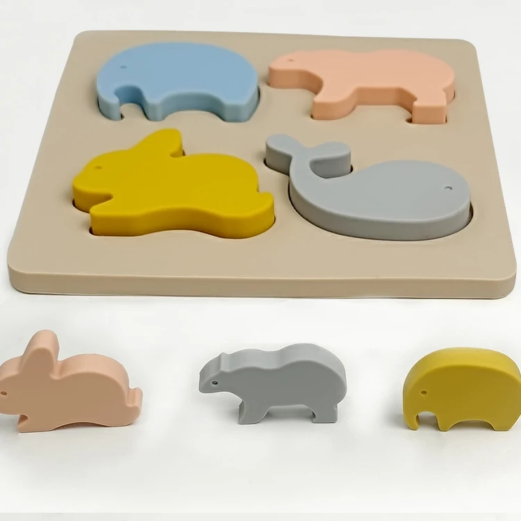 Existing Mold Custom Food Grade Silicone Puzzle Cartoon Animal Shape Silicone Block Baby Puzzle Toy Mat