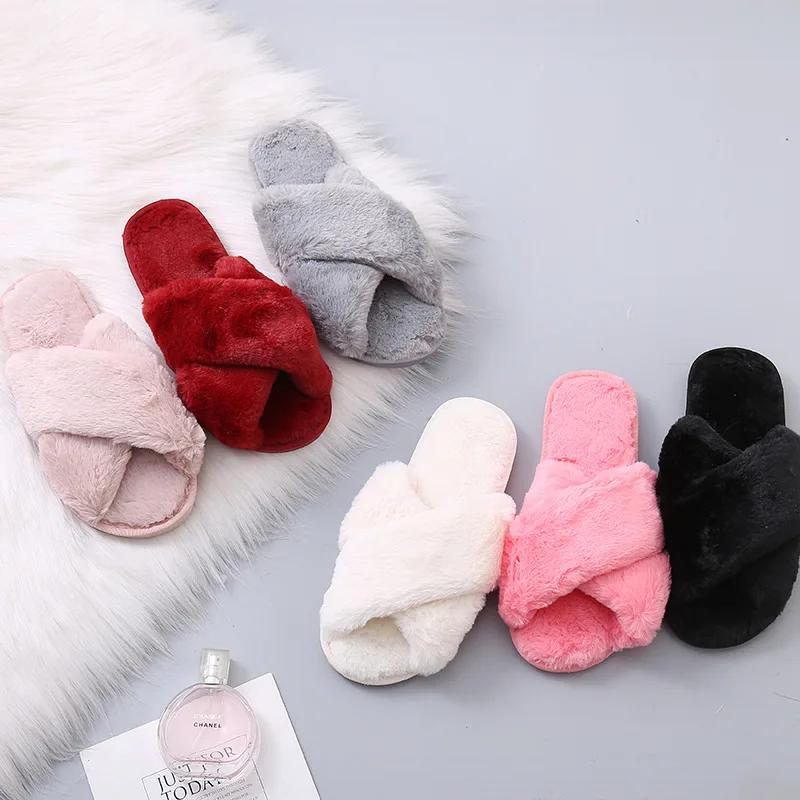 Faux Fur Slide Vegan Slippers,Open Toe Fluffy House Indoor Slides Women Winter Slippers