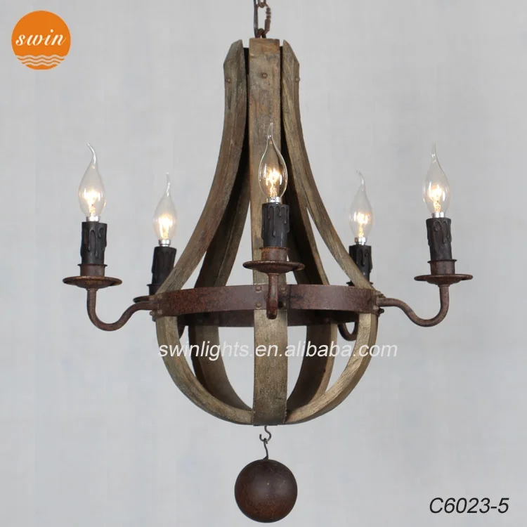Vintage rustic small 5-light wine barrel wooden chandelier wood wrought iron pendant lamp