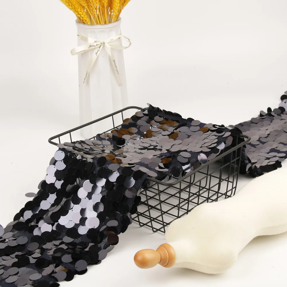 High Quality Dark blue Color 18mm Sequin Spangle Mesh Embroidered big sequence fabric for Teal Sequin Fashion Dress