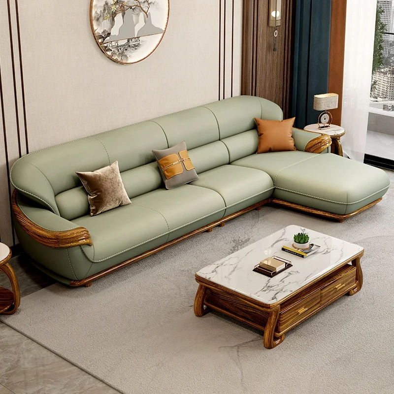 European Style Luxury Ebony Leather and Solid Wood Corner Sofa for Living Room Office Combination Wooden Couch Sofa