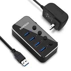 RSHTECH Powered USB Hub Universal 5V/2A AC Power Individual On/Off Switches 5Gbps High-speed 4 Port USB 3.0 Hub for PC Laptop