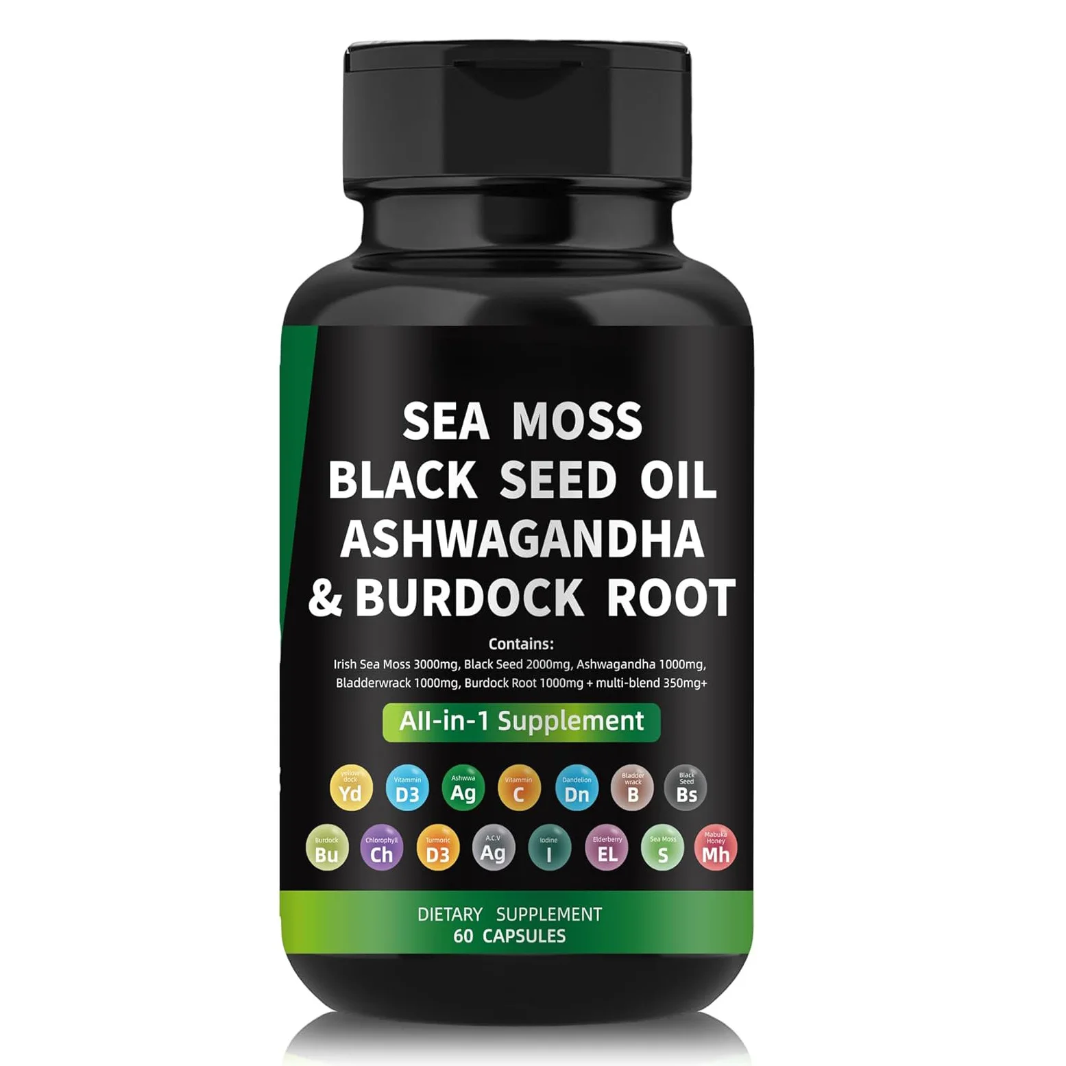 private label  all in Sea Moss Irish Black Seed Oil Ashwagandha capsules with Burdock Root as Multivitamin  health Supplements