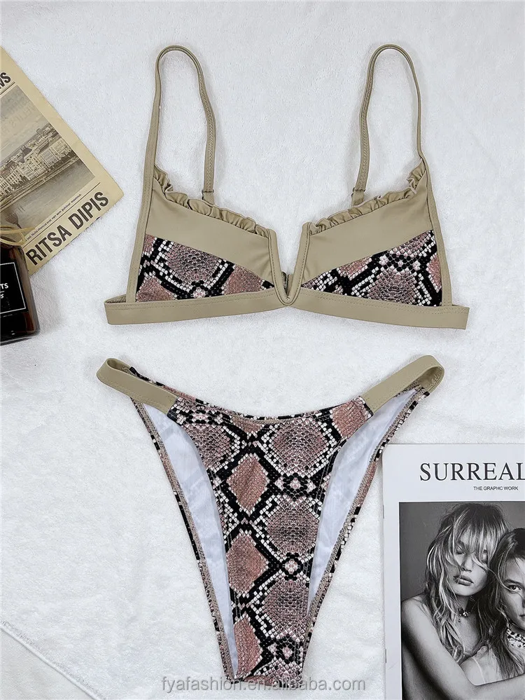 2022 Sexy Deep V Neck Beachwear Hot 2 Pieces Mini Micro Snake Print Bikini Women