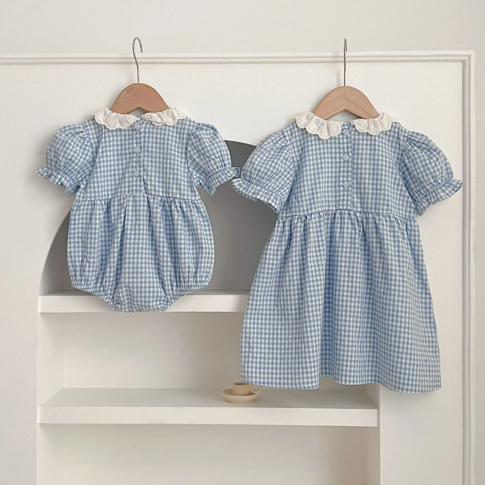 New Summer Baby Plaid Lace Girls Dress Sister Dress Baby Romper