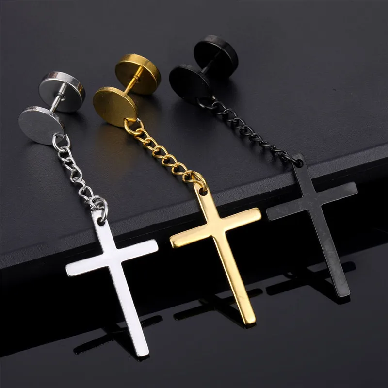 KOMI Big Cross Drop Earrings Round Disc Stud Earrings Simple Temperament Long Cross pendant Earrings for Men Punk Jewelry Gifts