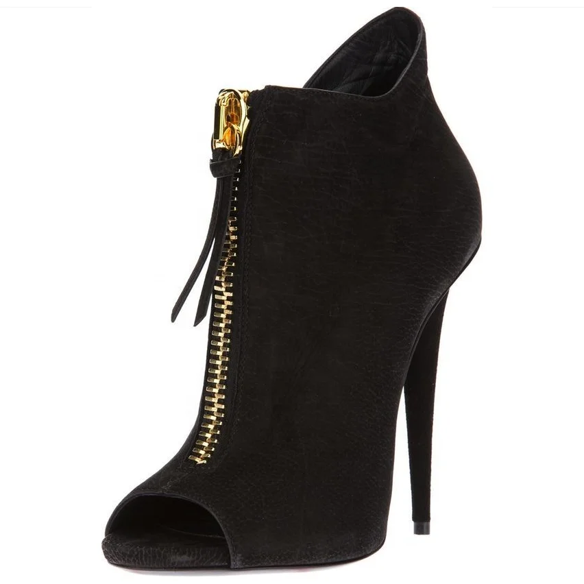 Front Zipper Round Peep Toe High Heel Sexy Short Booty Women  Spike Heel Army Green Ankle Boots Big Size 43