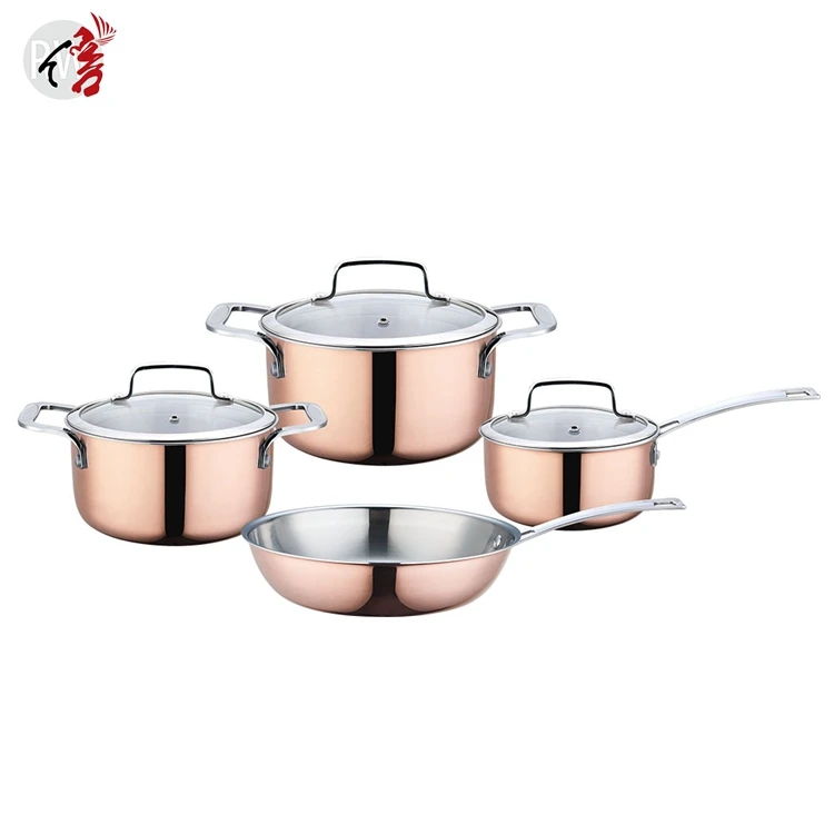 7 pieces hot sale tri-ply copper cookware cooking pot kitchenware casserole set with glass lid