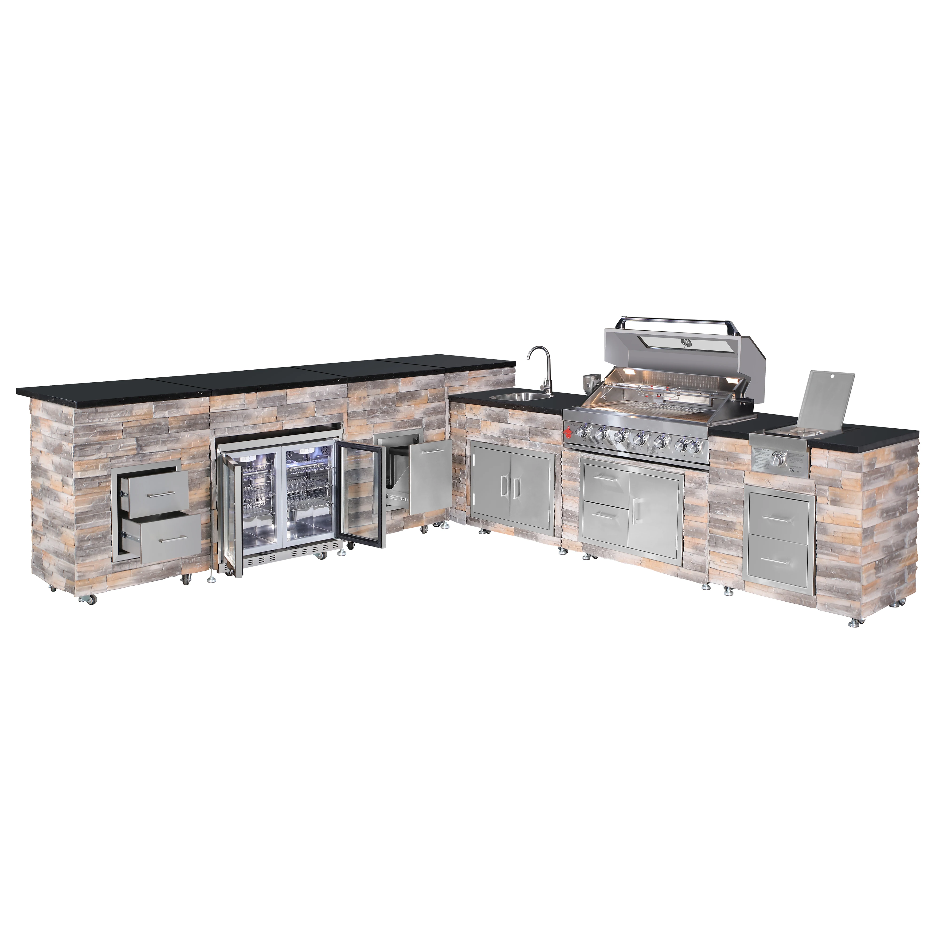 Outdoor BBQ Grill Kitchen Stone BBQ Island with Sink and Refrirator Complete Kitchen for Grilling