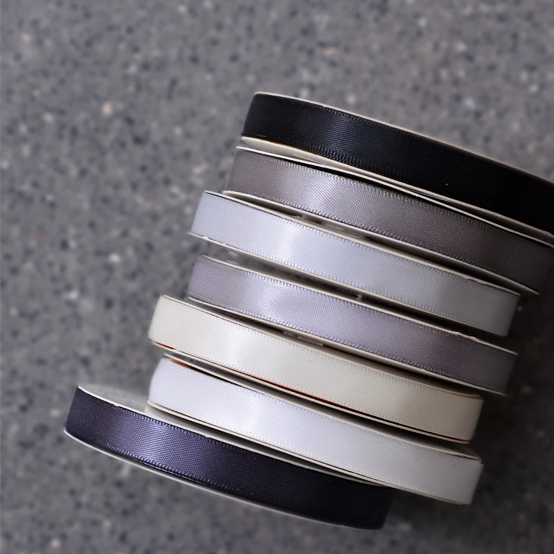 Ribest 9mm Black And White Polyester Double Face Satin Ribbon For Gift Boxes Packaging Hair Bows Wholesale