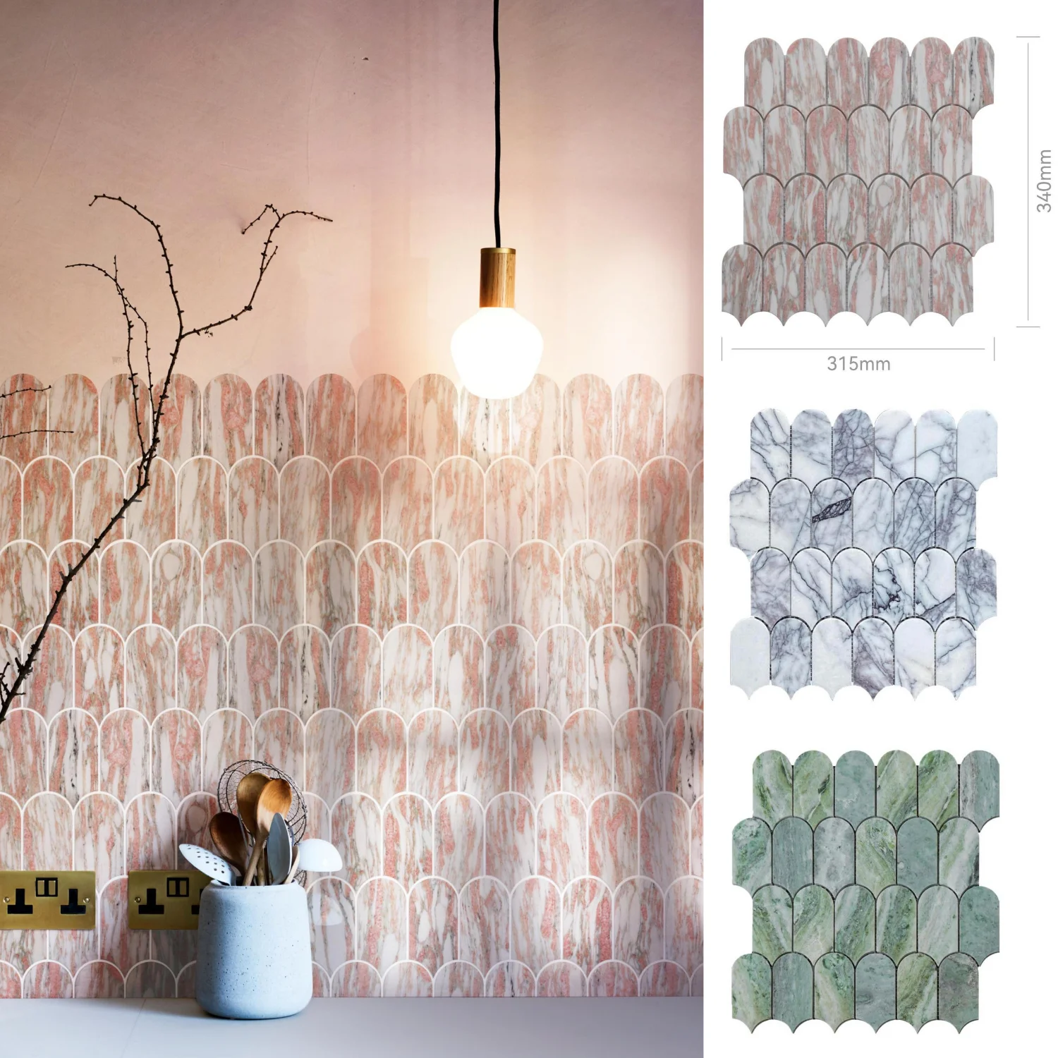 Rose Pink Ming Green Marble Mosaic Tile Fish Scale Mosaic Kitchen Backsplash Bathroom Tile Fan Shape Polished Marble Modern 7mm