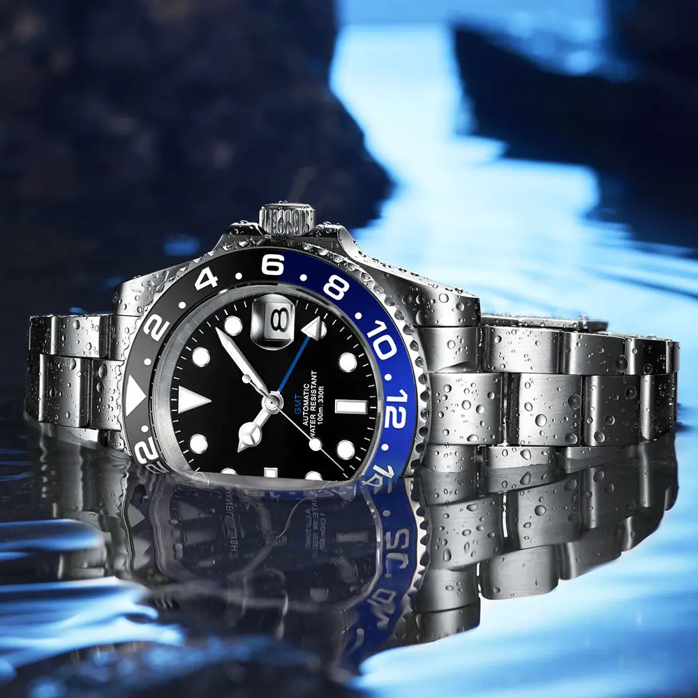 Luxury Men Mechanical Watch Genuine Sapphire Steel Strap NH34 Waterproof 10ATM GMT Automatic Business Watch Montre Homme