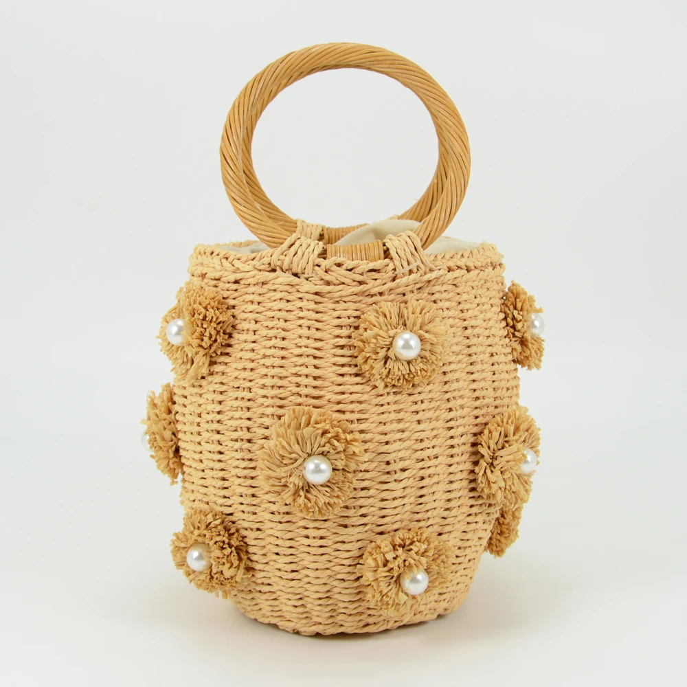 2022 Fashion design lady small handmade straw bag with pearl handle summer tote bag travel shopping handbag corn husk straw bags