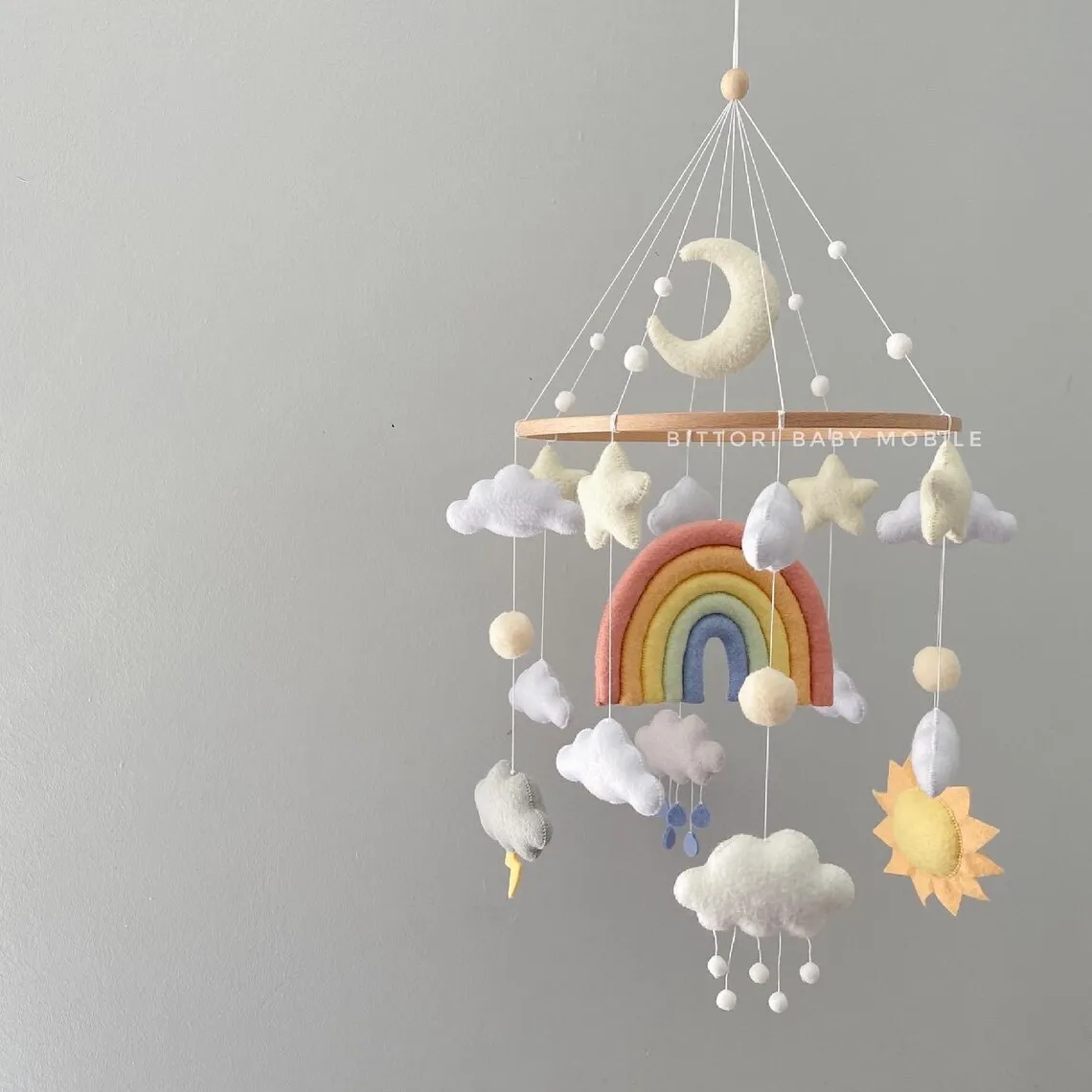 bedroom organic wooden round circle weather rainbow sun star rain cloud custom wool felt balls holz diy baby crib mobile