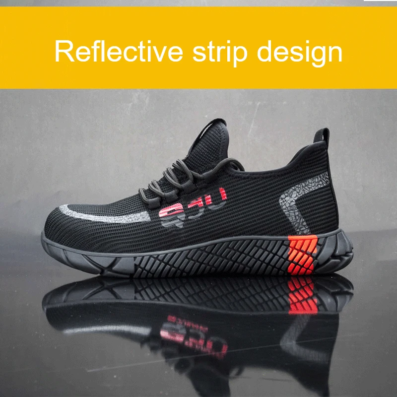 Flying weave stylish men work safety shoes lightweight breathable mesh net shoes safety