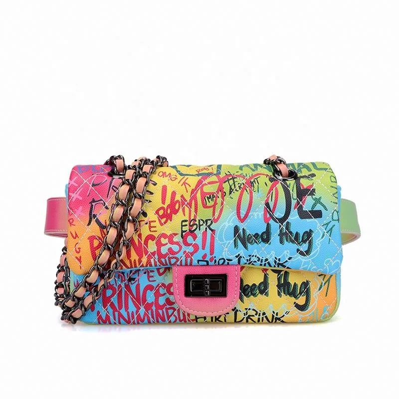 Handbags Purses Women Wholesale Fashion Fanny Pack Waist Bag New High Quality PU Leather Graffiti Luxury Rainbow Sports Belt Bag