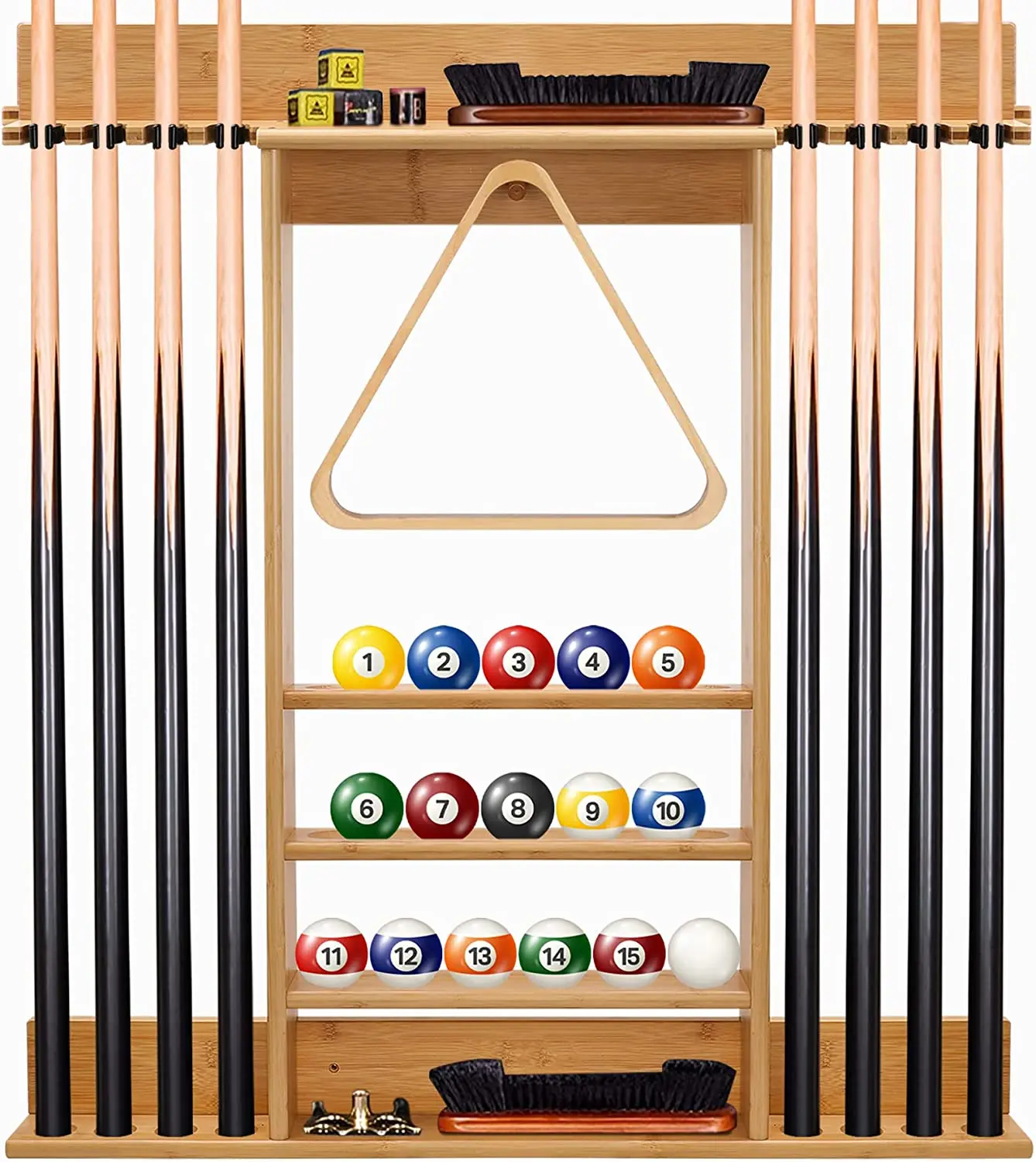 Wall Mount Holds 8 Cues and Full Set of Balls Pool Cue Rack Bamboo Pool Sticks Holder For Billiard Room