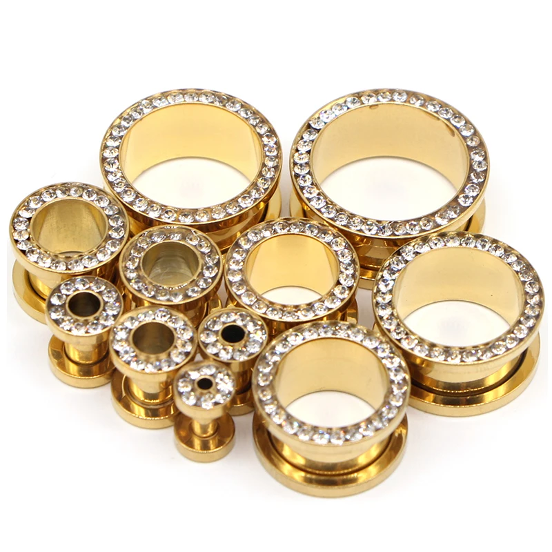 10Pair/Set Stainless Steel Zircon Ear Tunnels Plug Screw Gauge Ear Expanders Earrings Piercing Jewelry Wholesale